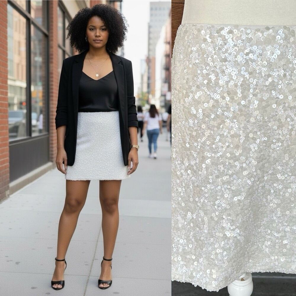 H & M White Sequined Mini Skirt Size 18